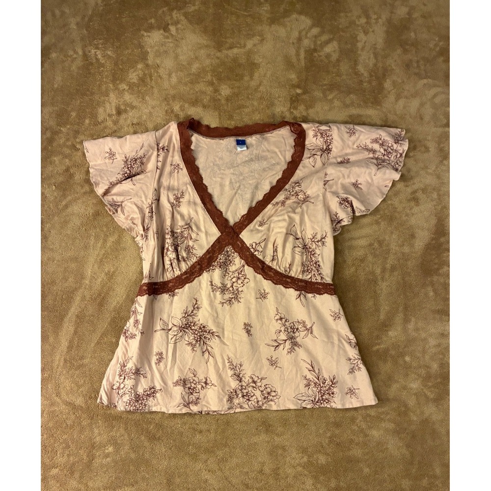 Old Navy Womens Top Large Pink Floral Lace Trim Flutter Sleeve Babydoll Milkmaid